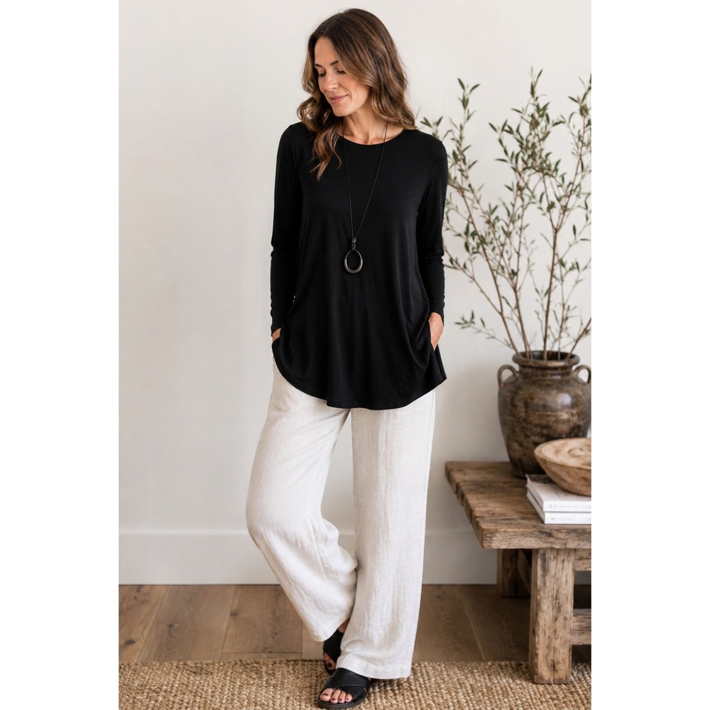 Eileen Fisher Black Lyocell Jersey Knit Long Sleeve A-Line Tunic Top M